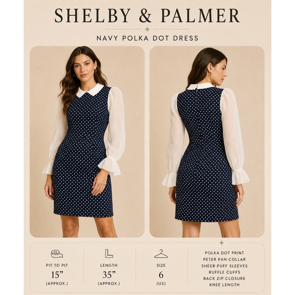 Shelby & Palmer Navy Polka‎ Dot Dress Size 6 Peter Pan Collar Sheer Puff Sleeve